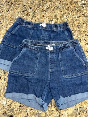 Girls Dark Blue Denim Rolled-Cuff Shorts, Elastic Waist